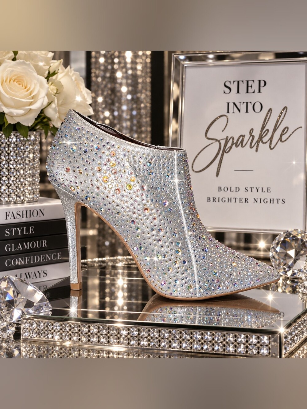 Kayleen by Los Angeles Silver Rhinestone Stiletto Ankle Booties – NIB